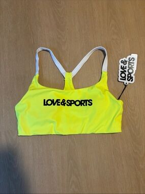 NWT LOVE & SPORTS Kiki Neon Yellow Color Block Sports Bra size Large (12-14)